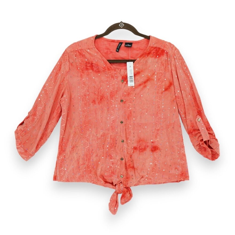 NWT New Directions Women’s Roll tab Sleeve Shirt‎ Size PL Embroidered w/ Sequin
